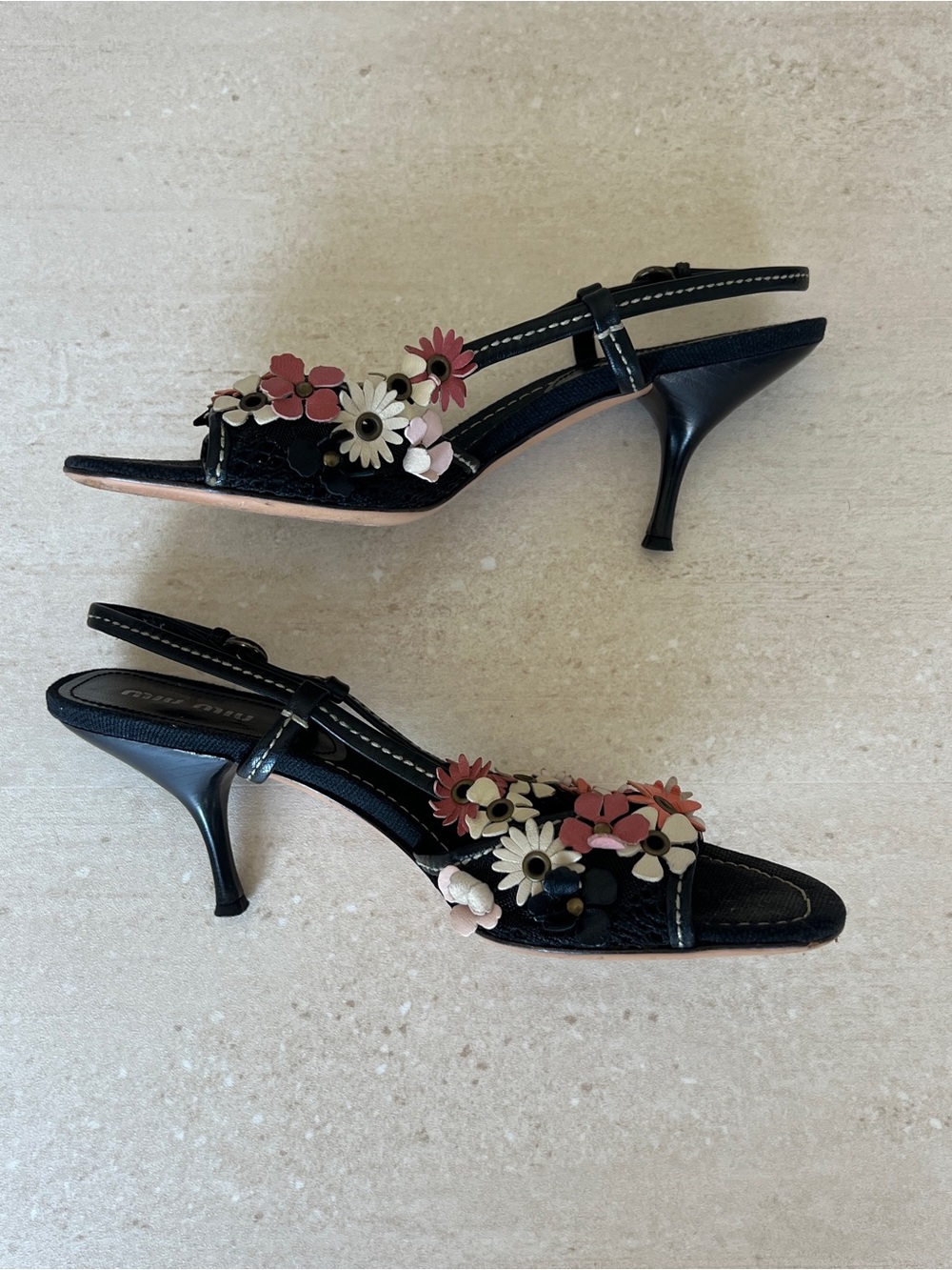 Miu Miu Black Sandal with Pink and Cream Floral Appliqué - Picture 4 of 7